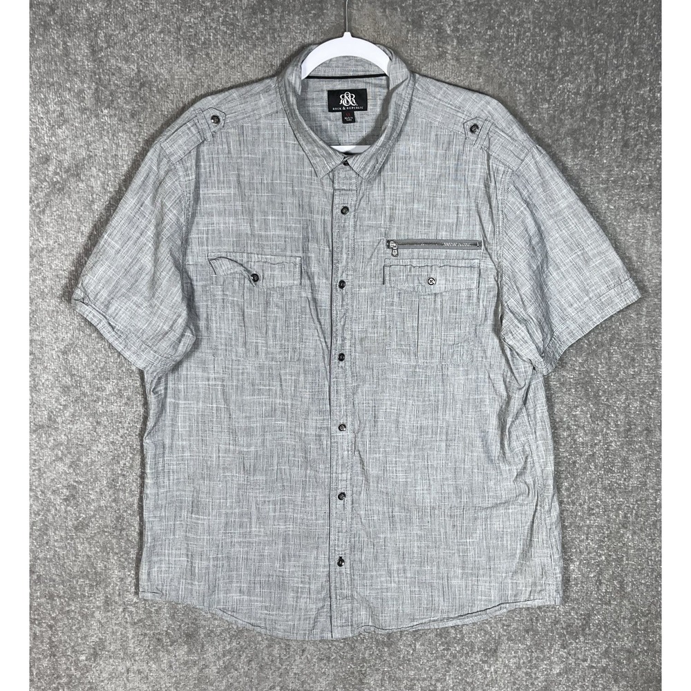 Rock & Republic Button Up Shirt Mens Sz XL Gray Short Sleeve Pockets Epaulette